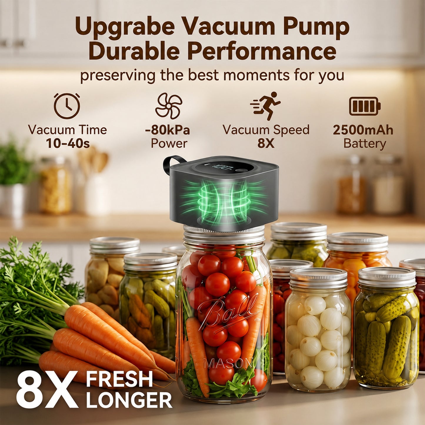 M Buder Electric Mason Jar Vacuum Sealer, Electric Mason Jar Vacuum Sealer Kit for Food Storage, Jar Sealer Machine with 10PCS Wide & Regular Mouth Mason Lids, 2PCS Storage Bags