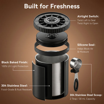 Riousery 60 oz Matte Black Stainless Steel Coffee Canister, Airtight Storage for Beans, Tea & Sugar with Valve and Scoop