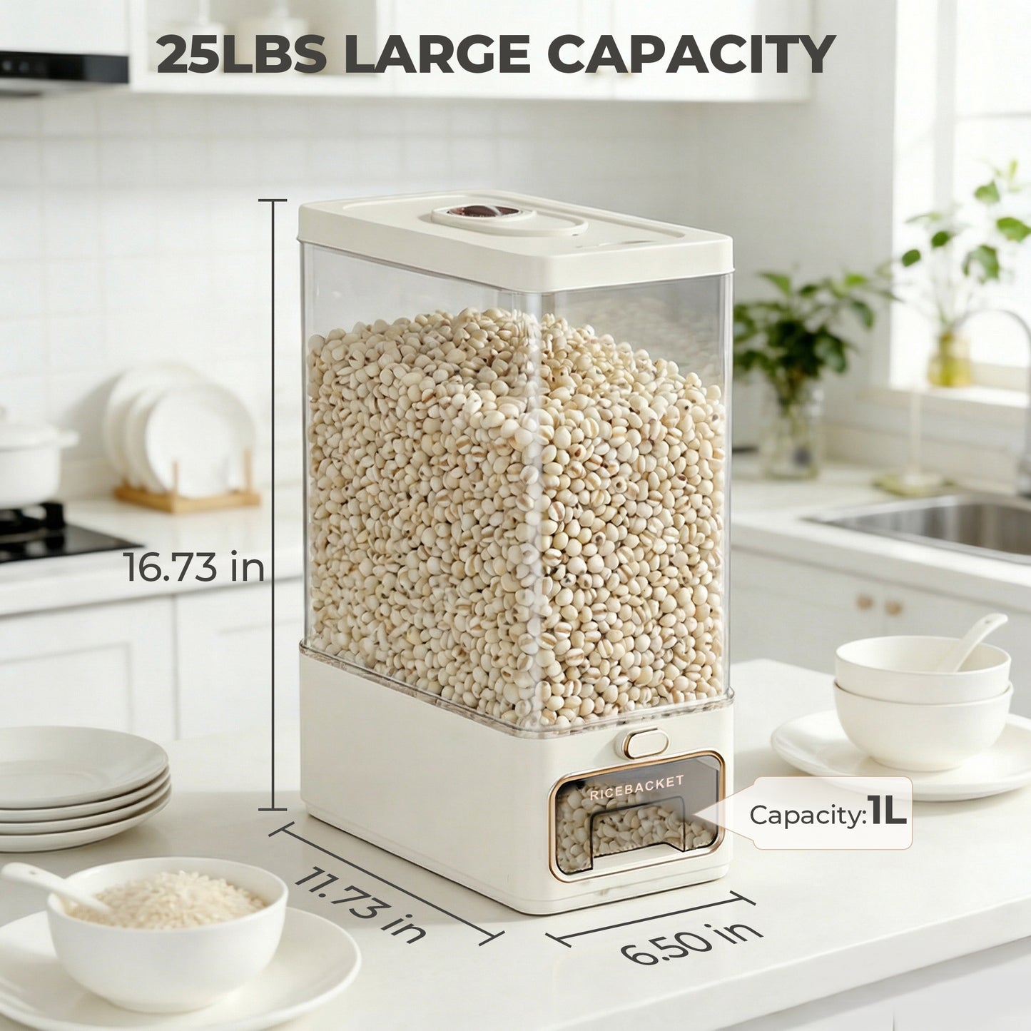 Riousery Rice Dispenser, 25 lb Cereal Storage Container with Built-In Freshener Box, Sealed One-Touch Rice Dispenser for Pantry