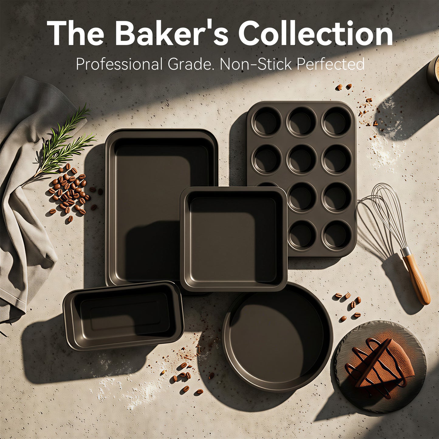 M Buder Baking Pans Set, 5 Piece Non-Stick Carbon Steel Bakeware Set with Muffin Pan & Cookie Sheet & Cake Pan, Black