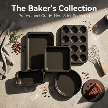 M Buder Baking Pans Set, 5 Piece Non-Stick Carbon Steel Bakeware Set with Muffin Pan & Cookie Sheet & Cake Pan, Black