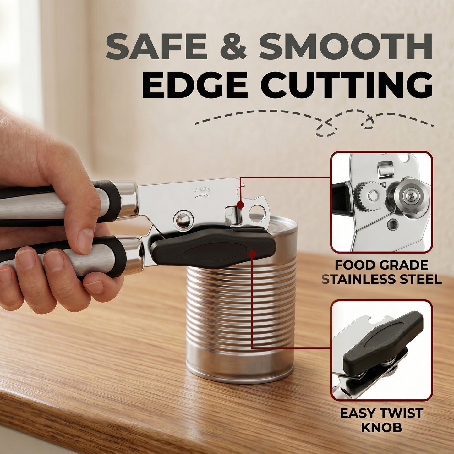 M Buder Can Opener Manual, Stainless Steel Can Opener with Smooth Edge, Ergonomic Handle, Black