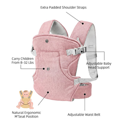 RUPOUN Baby Carrier, Convertible Soft & Cool Baby Carrier, 4-Position, Pink, for Child, Infant, Newborn