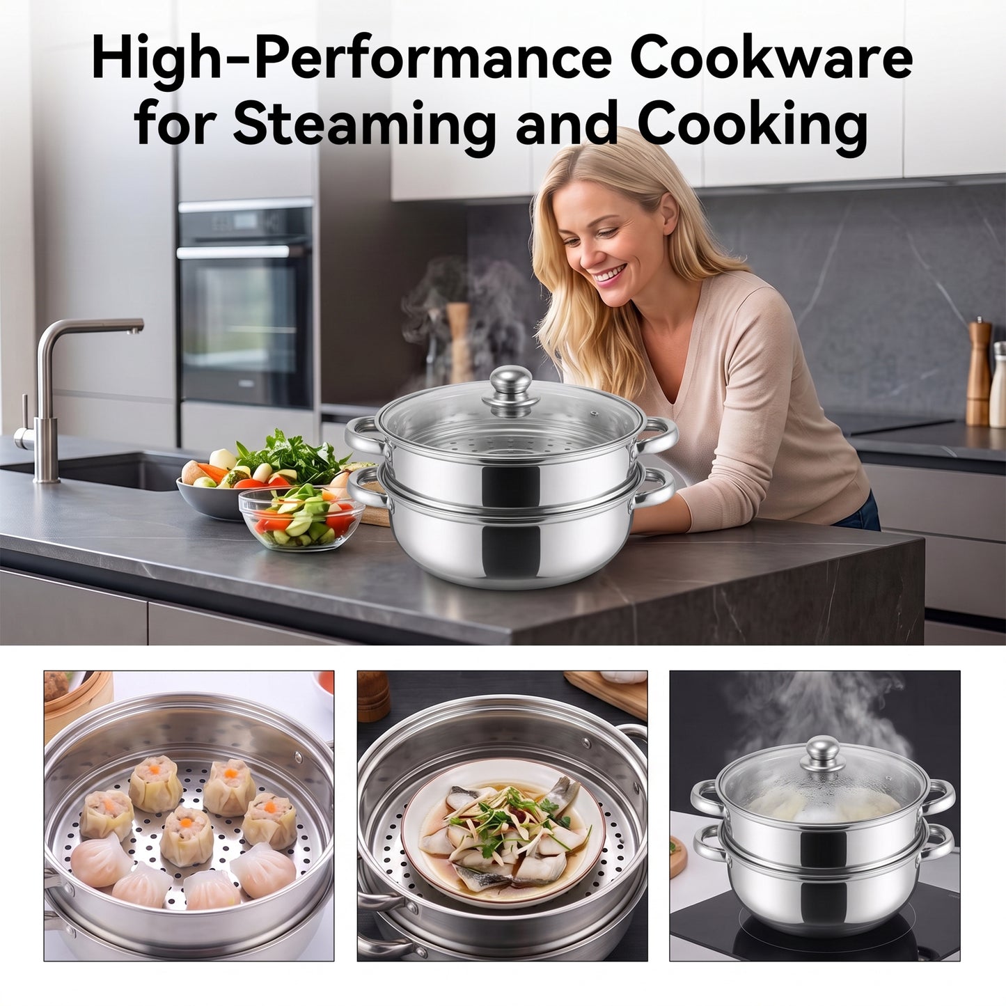 LZSDS Steamer Basket 2 Tier Stainless Steel 11 In, Stackable Steamer Insert Pot with Glass Lid for Vegetables Dumplings
