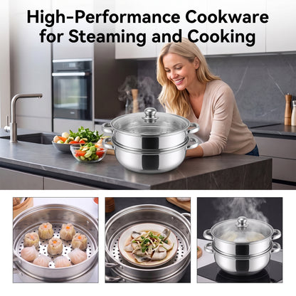 LZSDS Steamer Basket 2 Tier Stainless Steel 11 In, Stackable Steamer Insert Pot with Glass Lid for Vegetables Dumplings