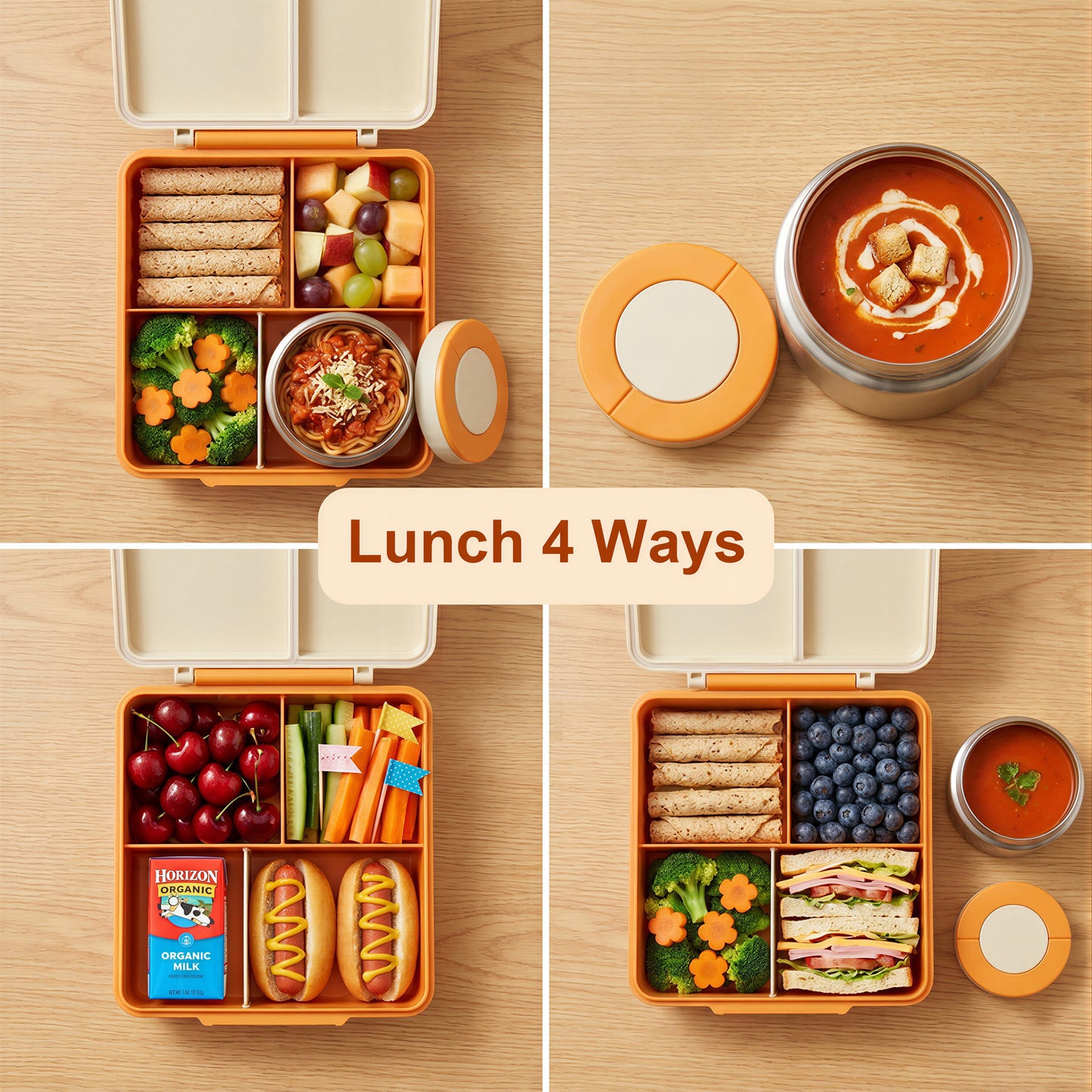 M Buder 1700ML Bento Box for Kids, Leak-Proof Lunch Box with 3 or 4 Compartments, 350 ml Insulated Food Jar, Fork, Spoon, Orange