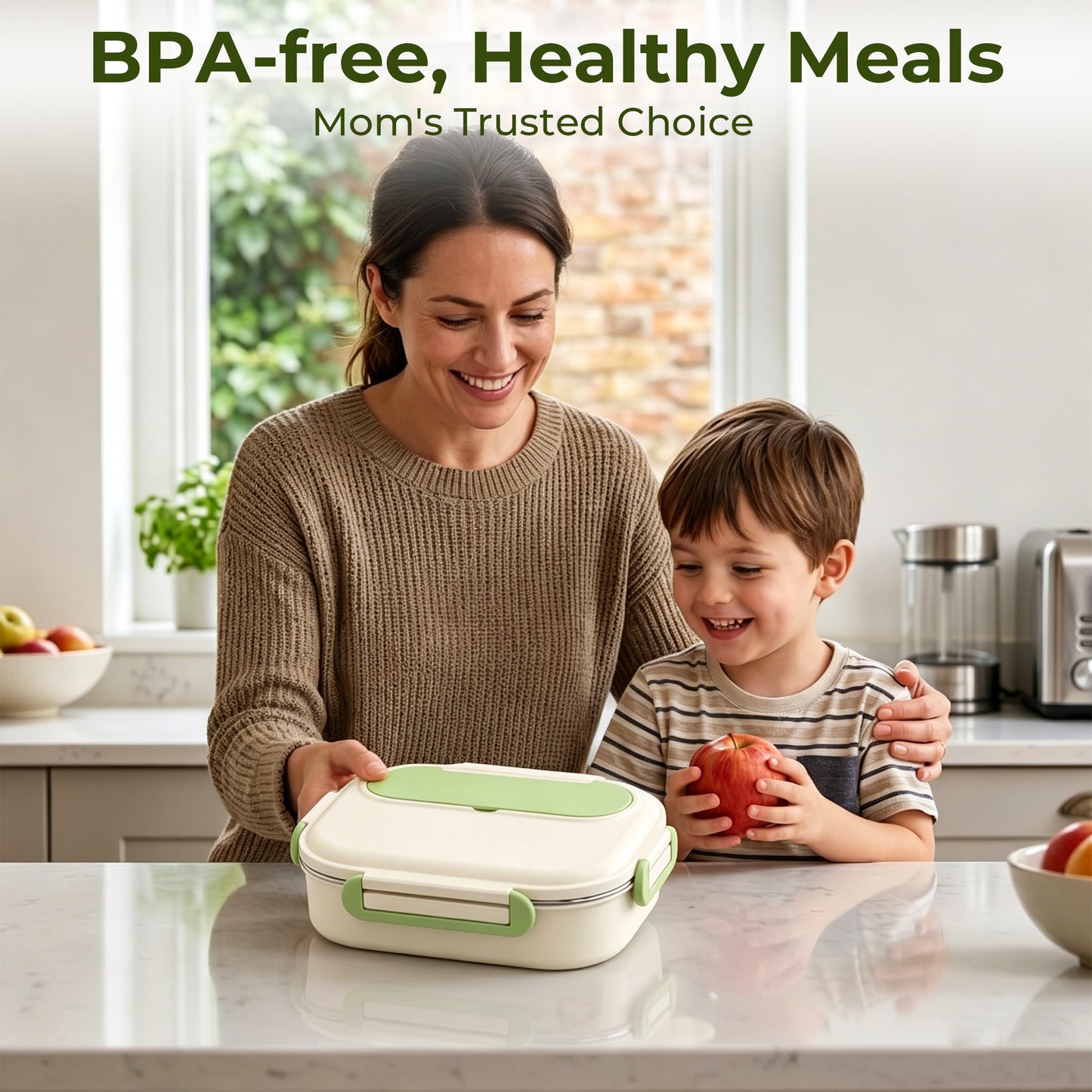 M Buder Bento Box for Kids, Leak-Proof 304 Stainless steel Lunch Box with 5 Compartments , Double Insulated Food Jar, Fork, Spoon, Green
