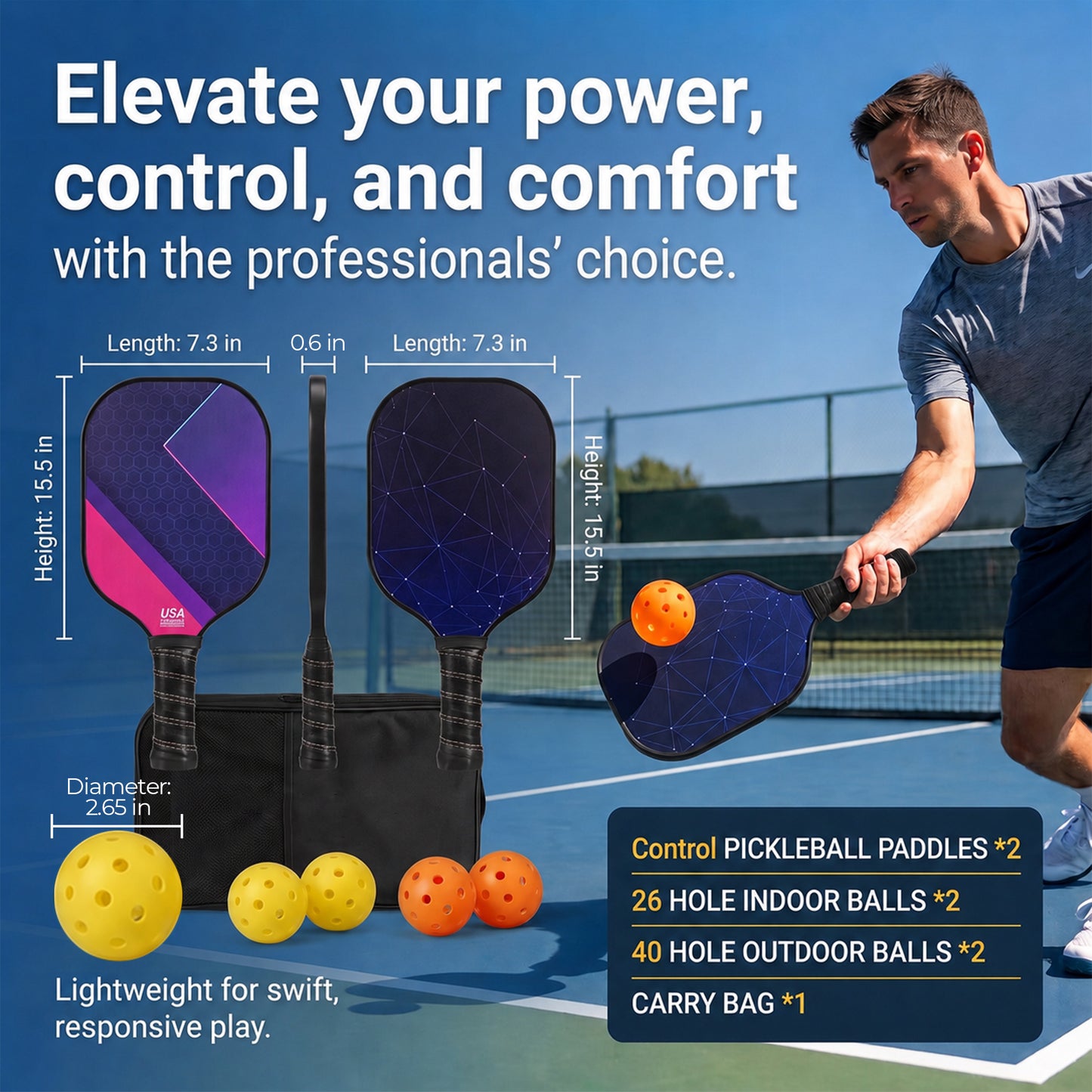 Feeray Pickleball Paddles Set, Fiberglass, Lightweight, 2 Rackets with 4 Balls