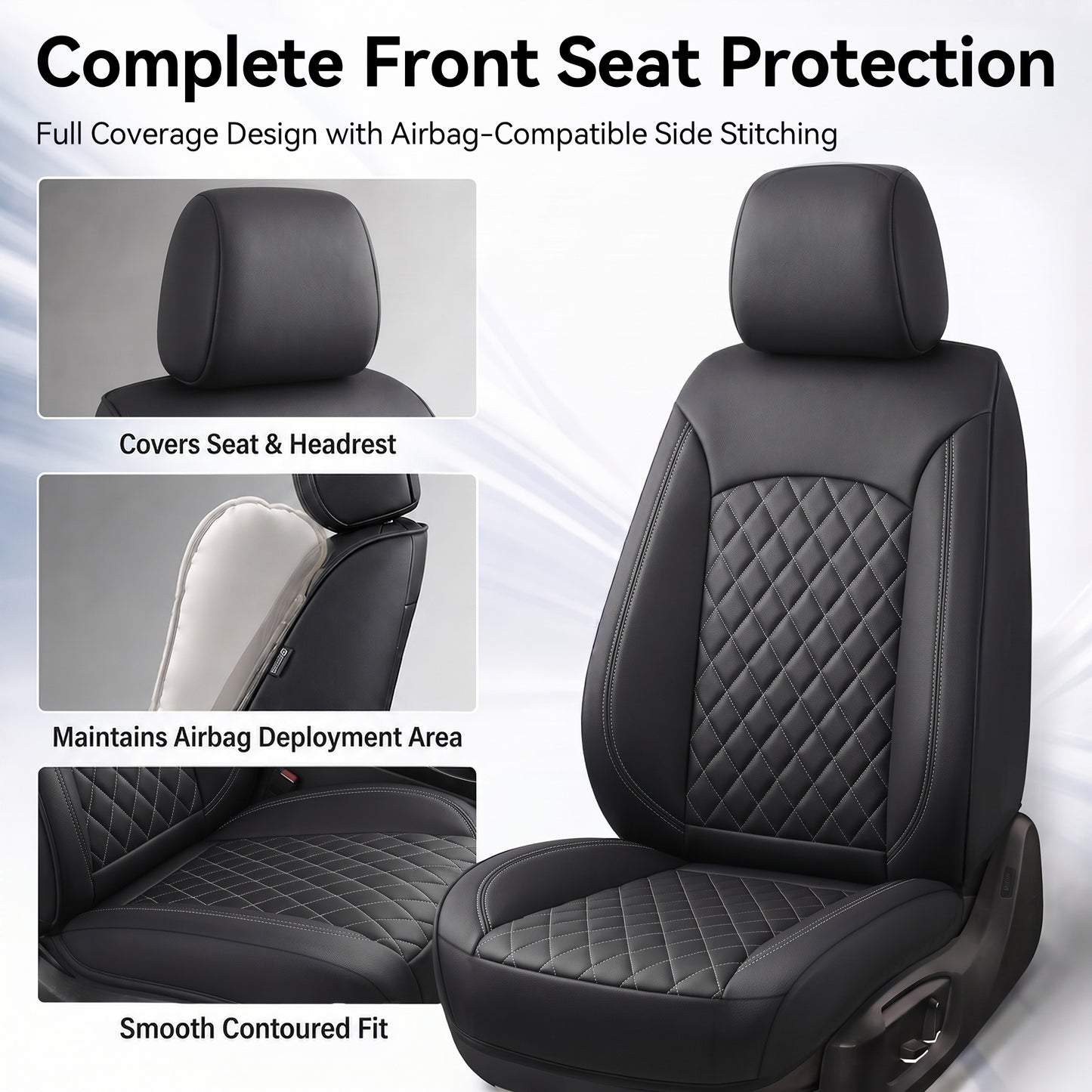 FLORAY Waterproof PU Leather Car Seat Covers Full Set, Universal Auto Seat Protectors for Sedans & Compact SUVs, Airbag Compatible, Black