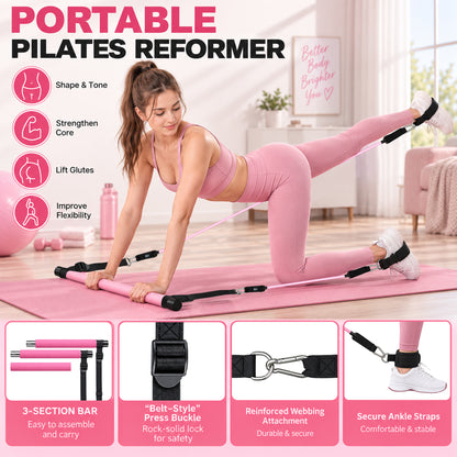 Pilates Bar Kit with Resistance Bands, 1.26in Wide Foot Straps, 3-Section Home Gym Workout Equipment
