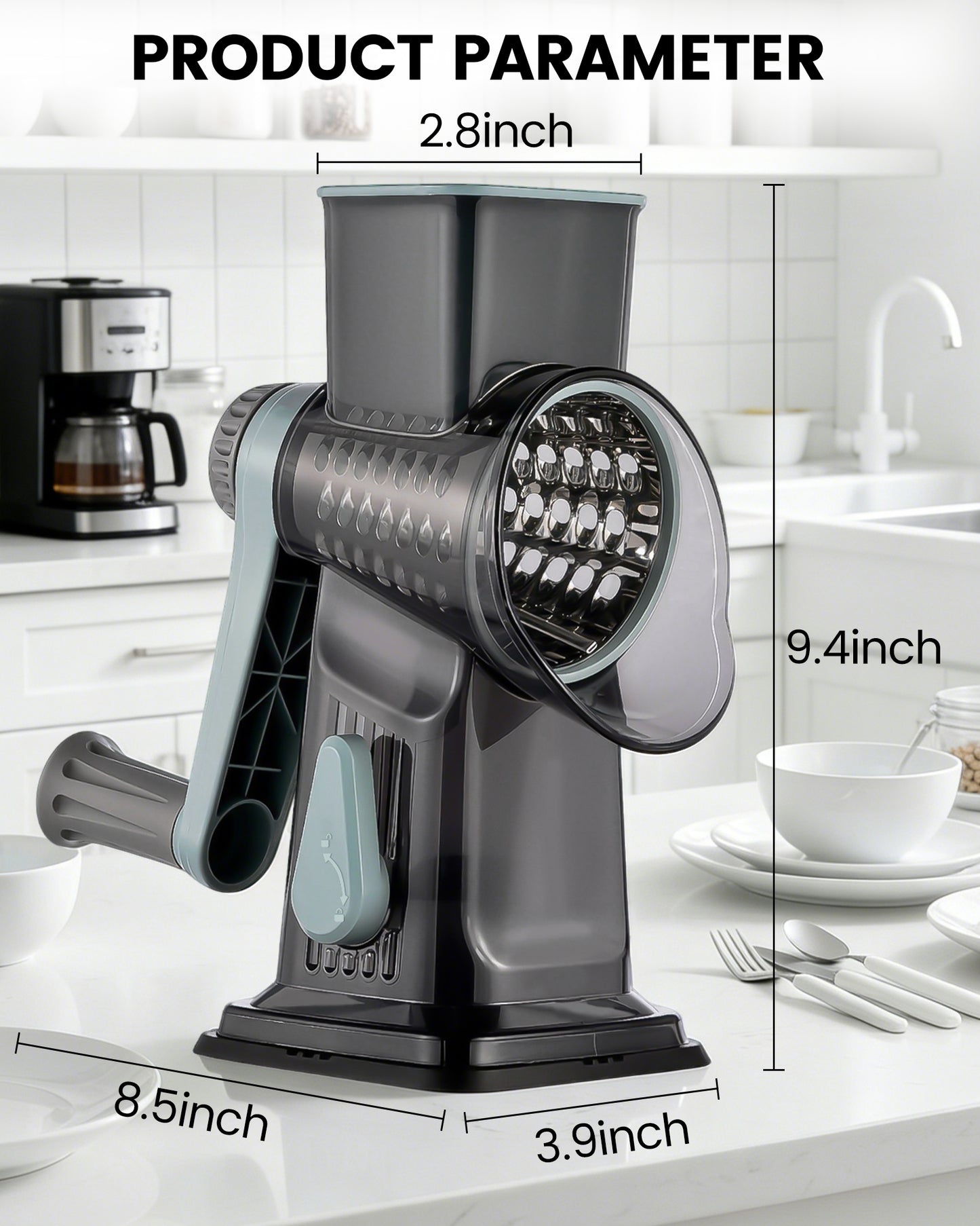 M Buder Rotary Cheese Grater with 3 Interchangeable Blades, Hand Crank Cheese Shredder Vegetable Chopper , Mandoline Slicer, Suction Base, Gray