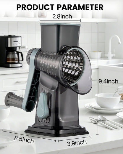 M Buder Rotary Cheese Grater with 3 Interchangeable Blades, Hand Crank Cheese Shredder Vegetable Chopper , Mandoline Slicer, Suction Base, Gray