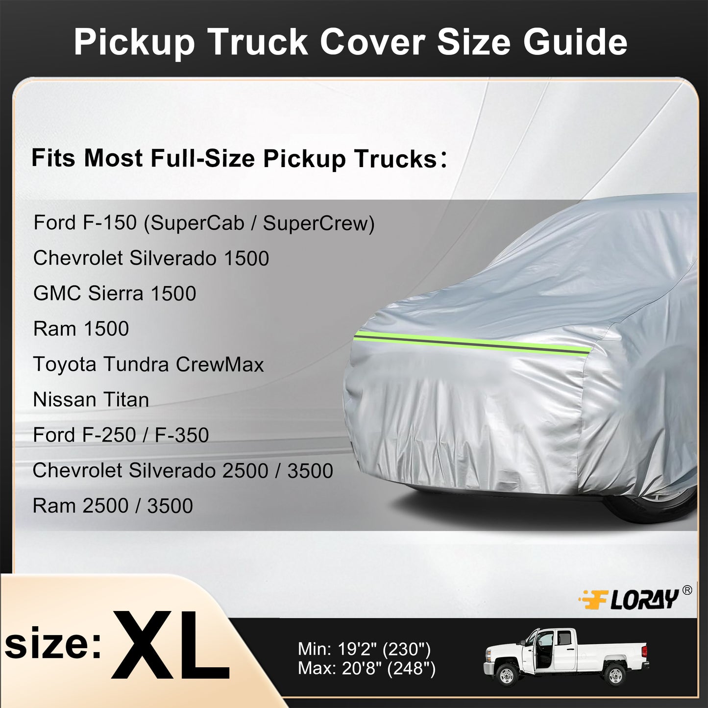 Floray Waterproof All-Weather Truck Cover with Zipper Door – Heavy-Duty Windproof Protection for Full-Size Pickup Trucks, UV and Snow Guard (PK-XL, 248" x 59" x 69")