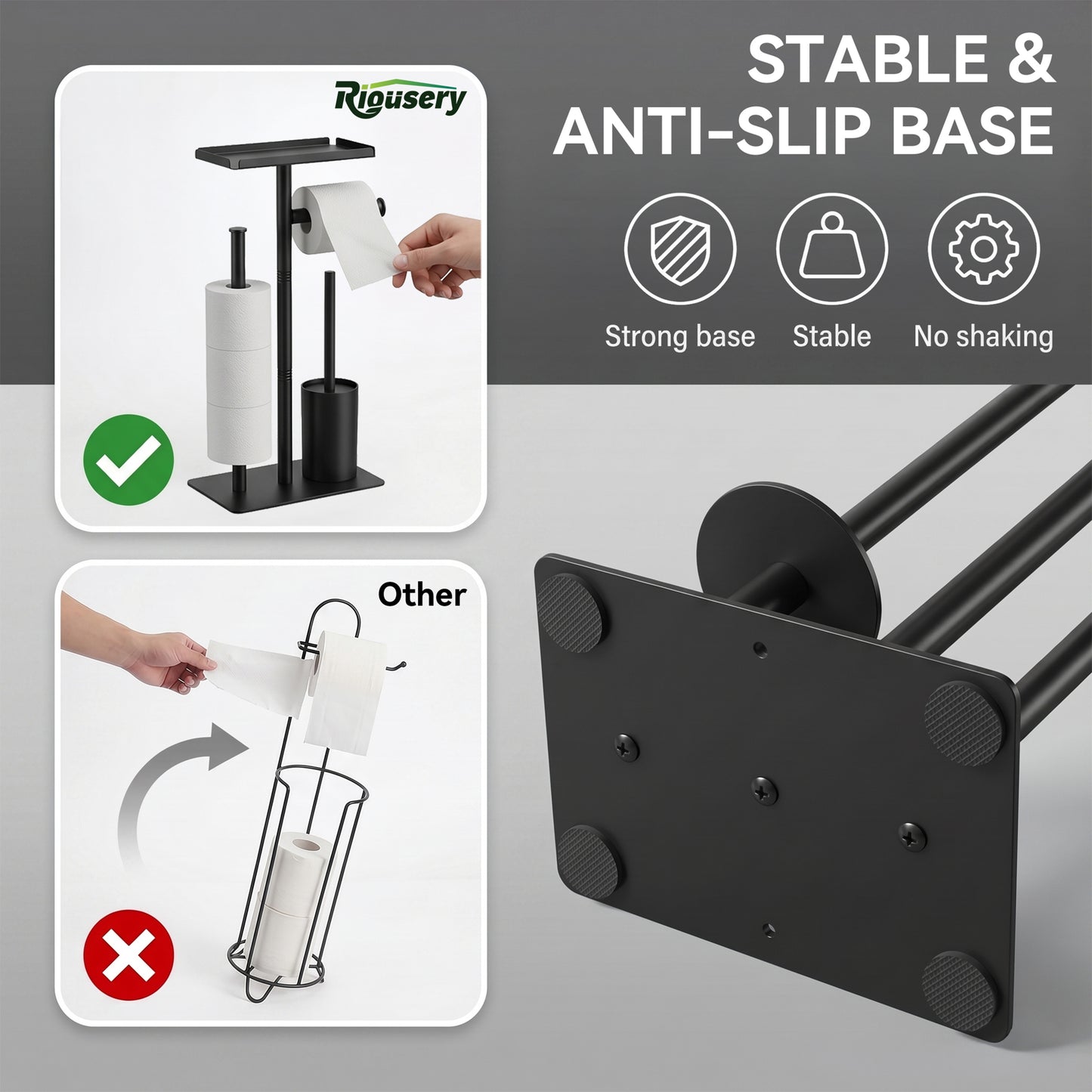 Riousery Toilet Paper Holder Stand with Shelf, Freestanding Bathroom Storage Organizer with Toilet Brush and Caddy Holder, Rustproof Metal, Black
