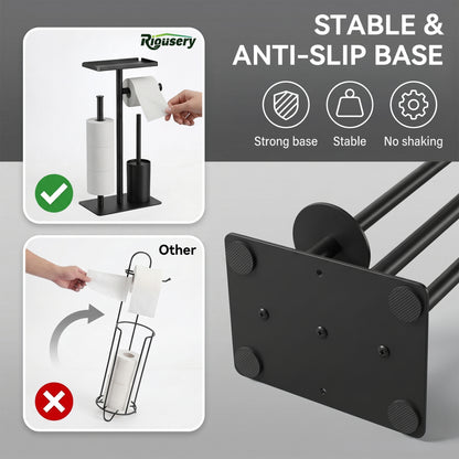 Riousery Toilet Paper Holder Stand with Shelf, Freestanding Bathroom Storage Organizer with Toilet Brush and Caddy Holder, Rustproof Metal, Black