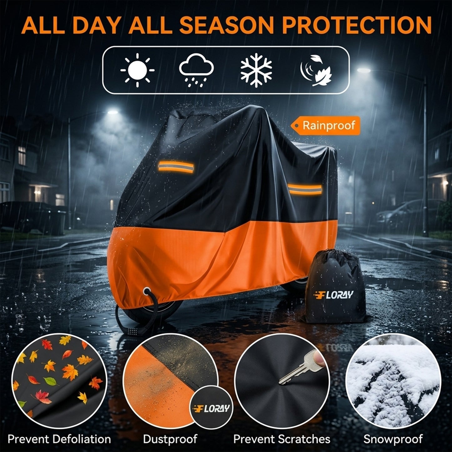 FLORAY Lightweight All-Season Motorcycle Cover, Waterproof Outdoor Protection with Reflective Strips and Windproof Buckles, 2XL, Orange