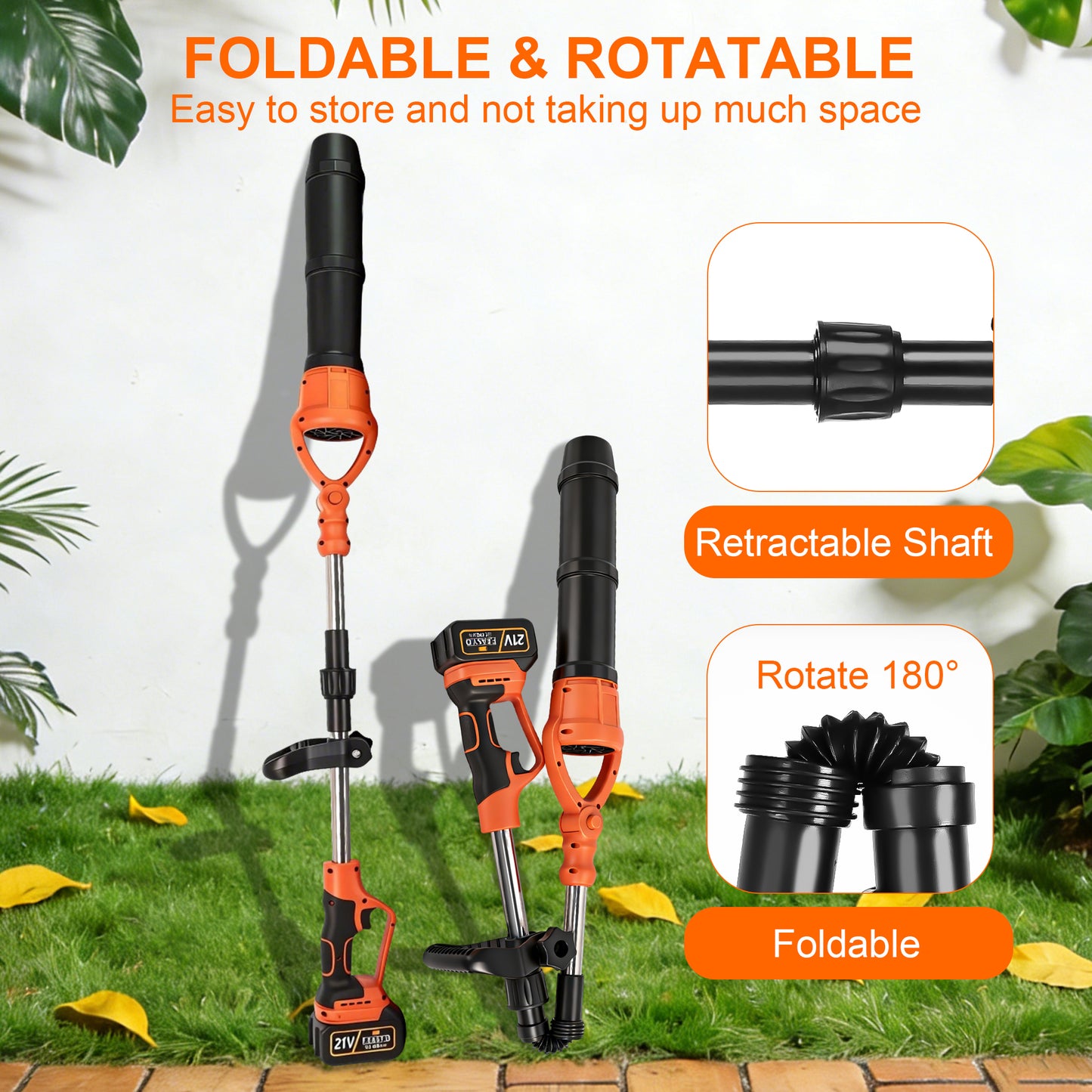 HOTREE Cordless Leaf Blower, 2*21V 400W 600CFM 150MPH, Detachable Foldable, Rotating Leaf Blower, Suitable For Gardens Patios and Streets, Orange