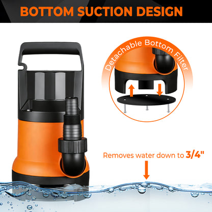 OHHANI Water Pump 1HP 3500GPH 17ft Power Cord Portable Submersible Water Pump for Swimming Pools, Garden Ponds, Basements
