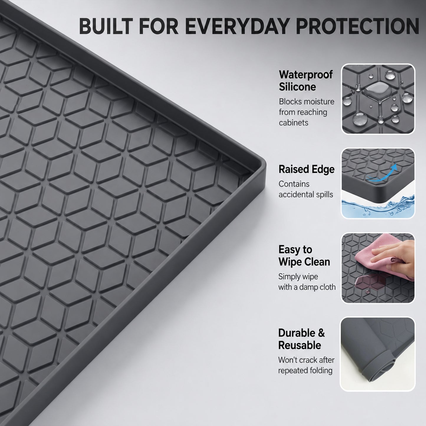 Riousery Under Sink Mat for Kitchen and Bathroom, 34 x 22 Inch Waterproof Silicone Cabinet Liner with 1.8 cm Raised Edge, Dark Gray