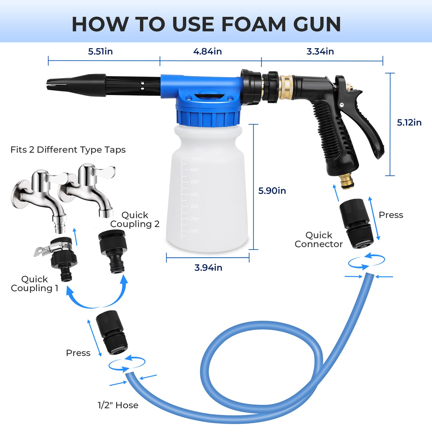 OHHANI Foam Cannon Adjustable Pressure Washer Foam Cannon, Professional Car Wash Gun, Nozzle Accessories, High-Density Cleaning Mitt for Car Washing and House Cleaning, Blue