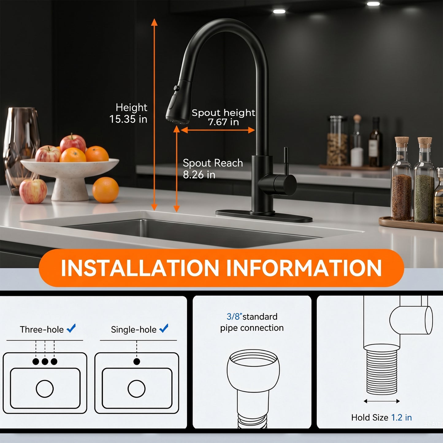 HODVIT Kitchen Faucet with Pull Down Sprayer, Matte Black Stainless Steel Kitchen Sink Faucet with Deck Plate