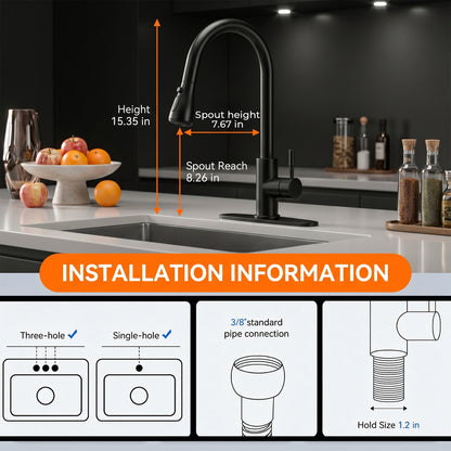 HODVIT Kitchen Faucet with Pull Down Sprayer, Matte Black Stainless Steel Kitchen Sink Faucet with Deck Plate