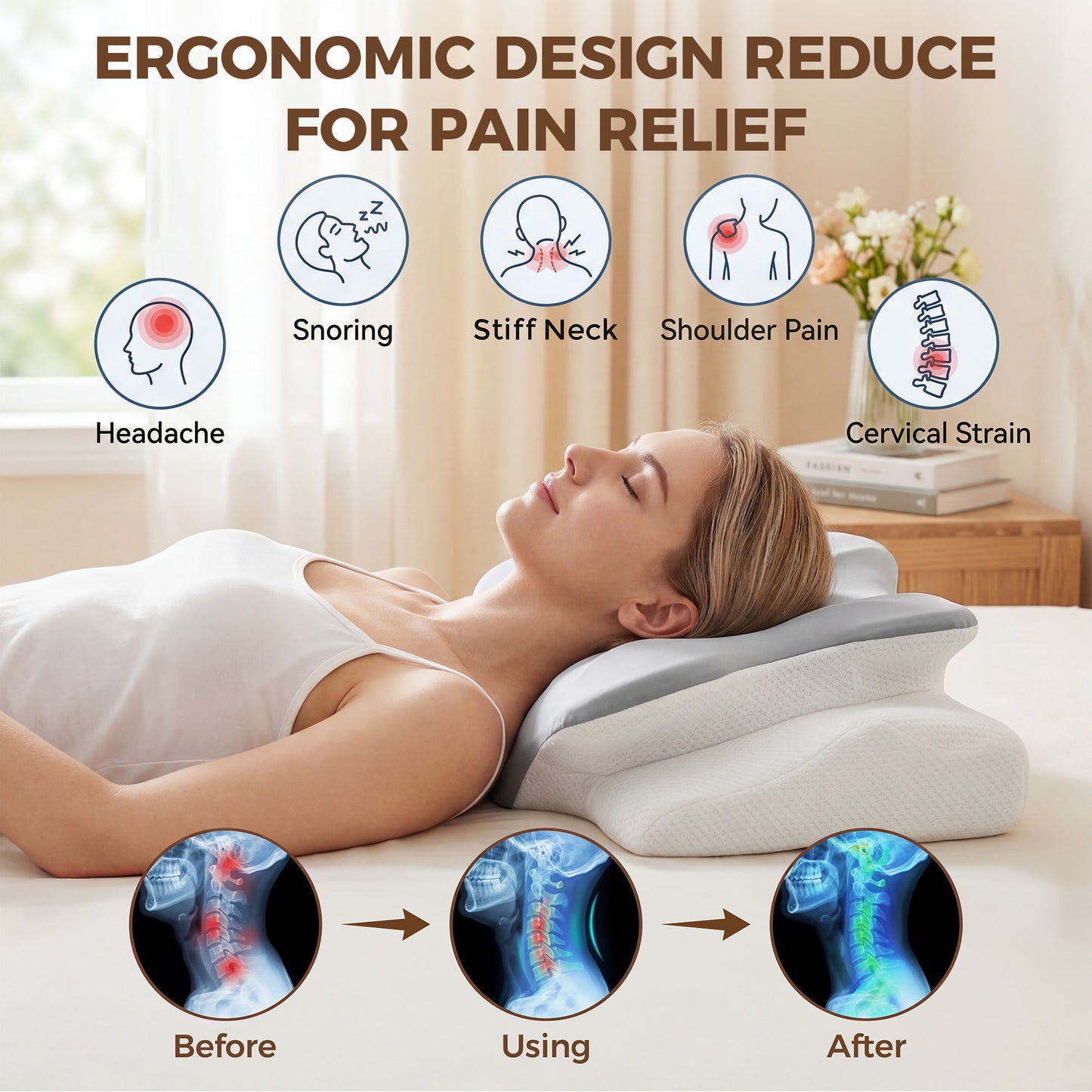 Riousery Ergonomic Cervical Pillow, Dual-Height Contoured Neck Support Pillow with Spine Alignment Bumps, Orthopedic Design for Back and Side Sleepers, White