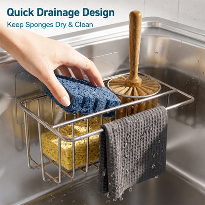 Riousery Compact Kitchen Sink Caddy, Adhesive Sponge Holder, 6.7 x 4.0 x 2.9 in Stainless Steel Mini Sink Organizer with Brush Holder and Dishcloth Bar, Rust Resistant