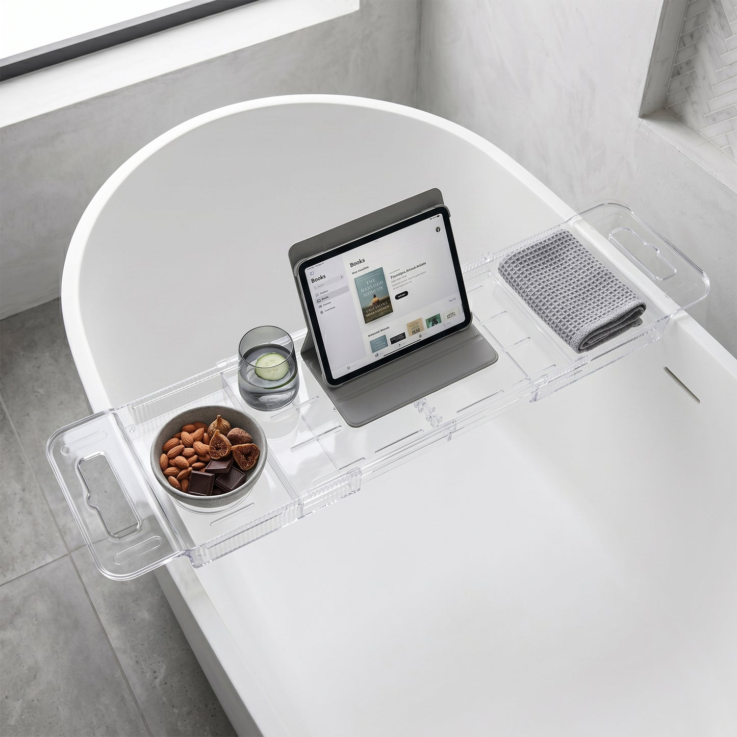 LZSDS Bathtub Rack Extendable 22.24-31.5 Inch, Acrylic Bath Tray with Adjustable Stand for Book Tablet and Wine Glass