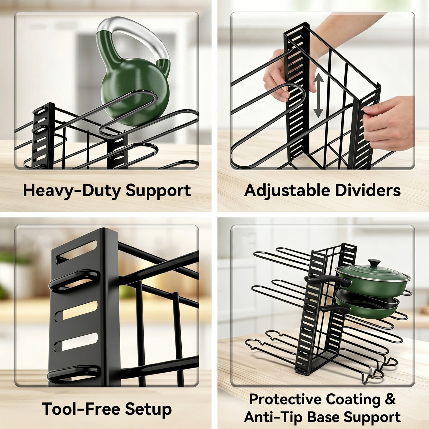 Riousery Pot and Pan Organizer Rack for Cabinet, 8-Tier Adjustable Cookware Organizer with Dividers, 3-Way Assembly, Tool-Free Setup, Non-Slip Storage for Pots, Pans, Lids and Bakeware