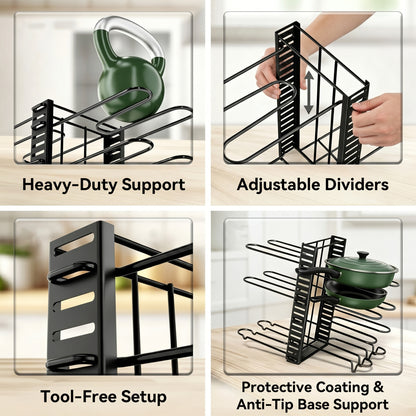 Riousery Pot and Pan Organizer Rack for Cabinet, 8-Tier Adjustable Cookware Organizer with Dividers, 3-Way Assembly, Tool-Free Setup, Non-Slip Storage for Pots, Pans, Lids and Bakeware
