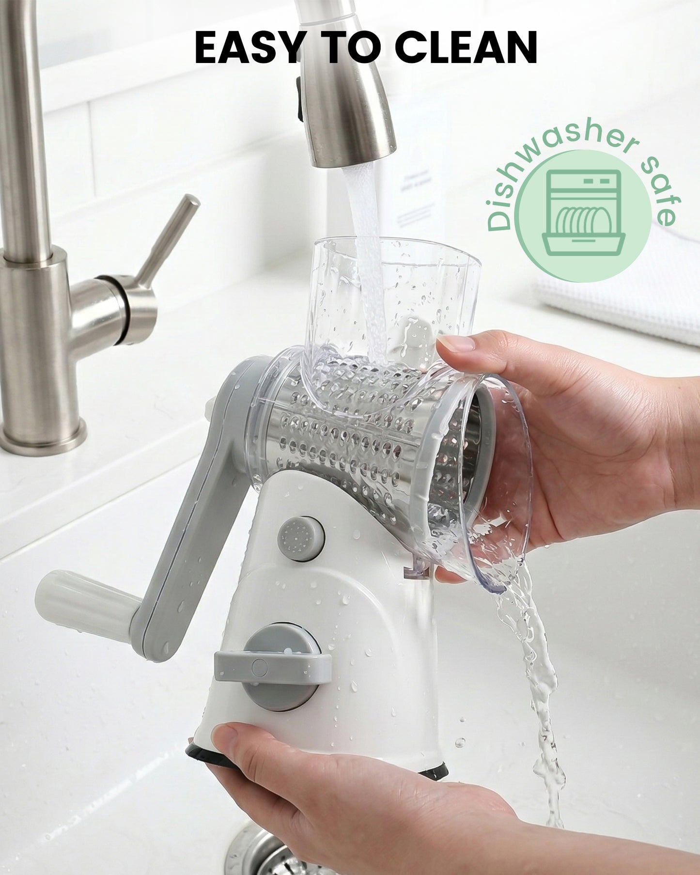 M Buder Rotary Cheese Grater with 3 Interchangeable Blades, Hand Crank Cheese Shredder Vegetable Chopper , Mandoline Slicer, Suction Base, White