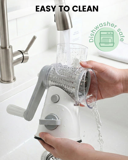 M Buder Rotary Cheese Grater with 3 Interchangeable Blades, Hand Crank Cheese Shredder Vegetable Chopper , Mandoline Slicer, Suction Base, White