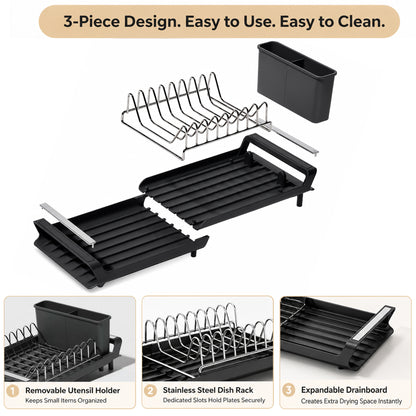 Riousery Expandable Dish Drying Rack with Drainboard, Compact Countertop Dish Drainer with 8-Plate Stainless Steel Rack, 2-Compartment Utensil Holder, Space Saving, Black