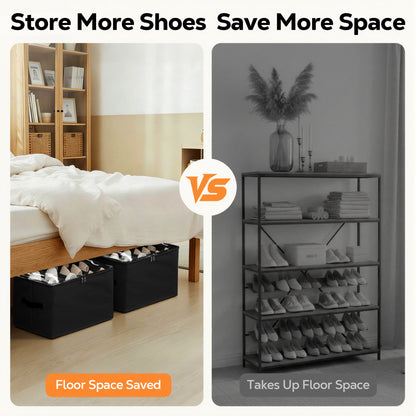 Riousery 2-Pack Under Bed Shoe Organizer for Closet, 24 Individual Shoe Slots, Foldable Storage Boxes with Clear Zipper Cover & Handles, Black