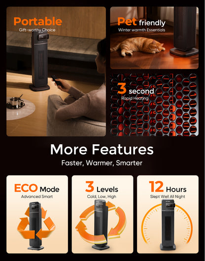 NFTIGB 24 inch PTC Ceramic Tower Heater for Home with Tip-Over Switch, Digital Display, Thermostat, Wide Oscillation, Remote, Timer, Gray