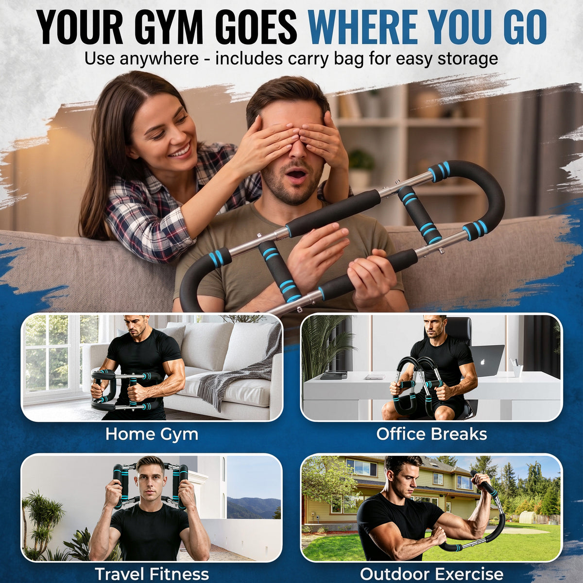 Feeray Twister Arm Trainer for Men, 66-110 LBS Adjustable Chest Workout Equipment, Home Fitness Spring Resistance, Black/Blue