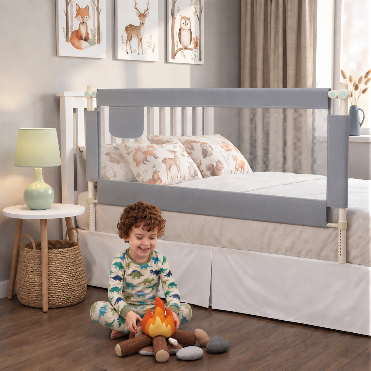 L-Shaped Toddler Bed Rail ,59in Extra Large Safety Fence, Universal Fit for Most Mattresses, Tool-Free Easy Installation, Gray
