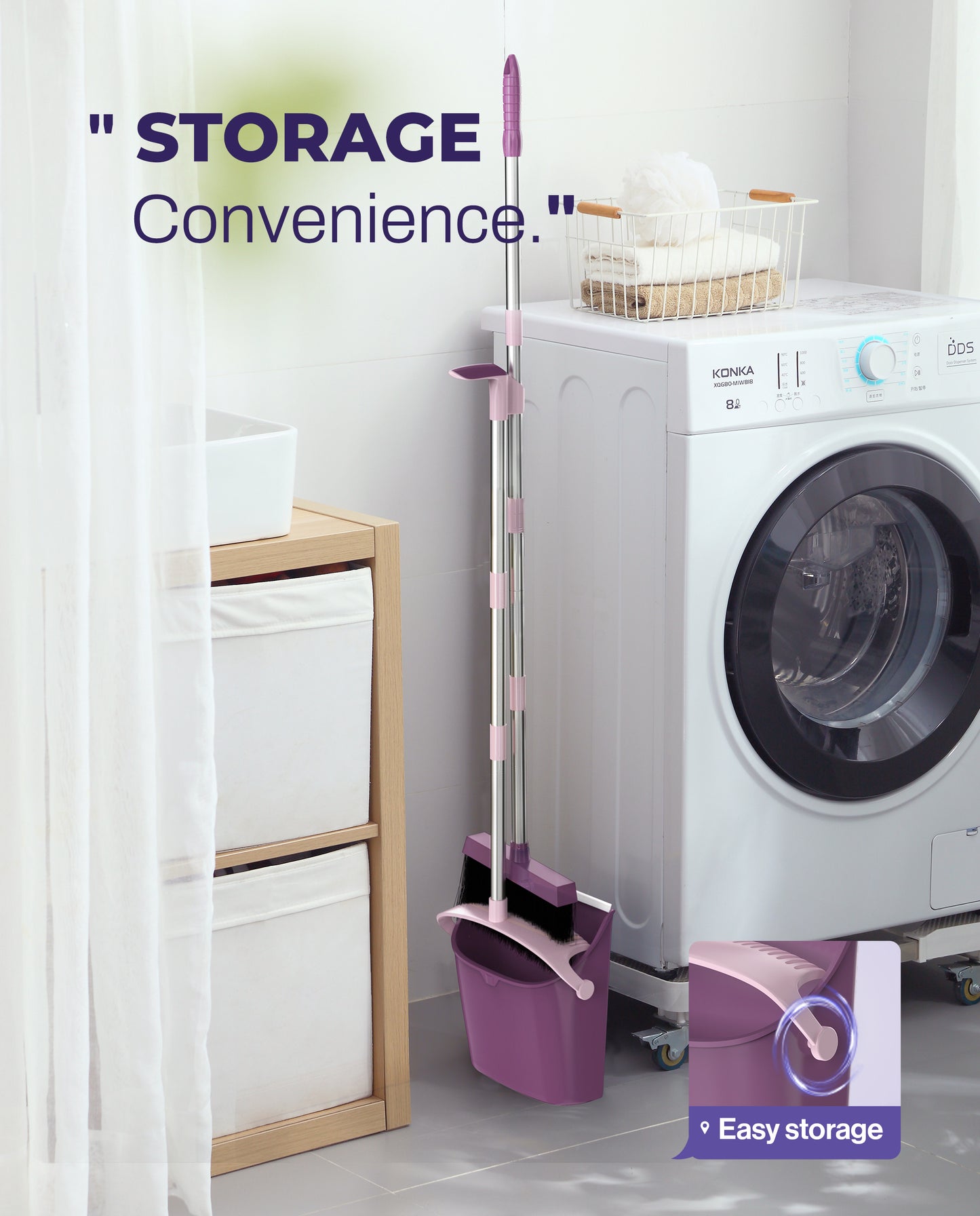 BIMZUC Broom and Dustpan Set for Home, 51" Long Handle Dustpan & Broom W/Comb, Purple Cleaning Kit