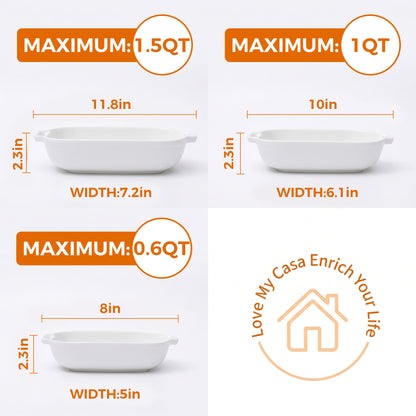 M Buder Casserole Dishes for Oven, Ceramic Baking Dish Set of 3, Thick Rectangular Baking Pans with Handles for Baking Cake, White
