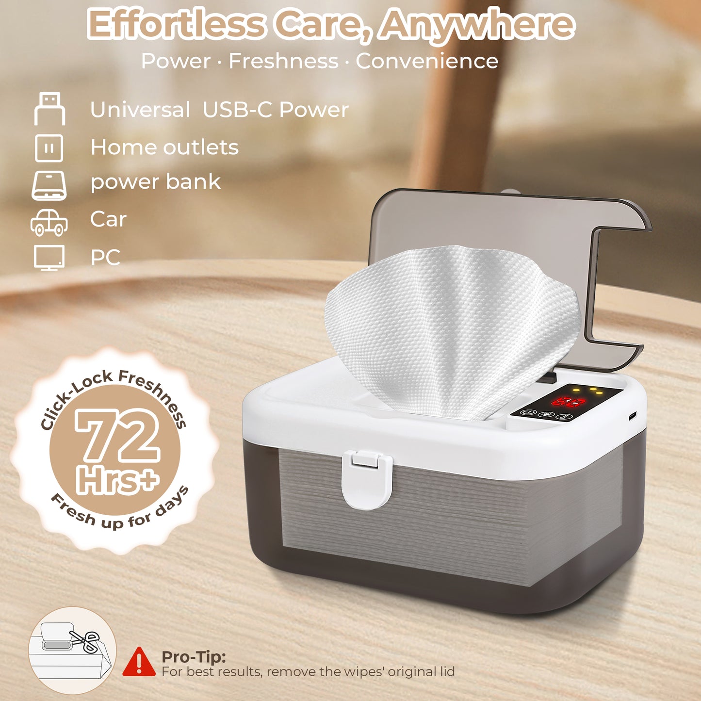 WEENEED Baby Wipe Warmer and Dispenser, USB Powered, 3 Temperature Settings 131°F–149°F, Built-in Night Light, Gray-White