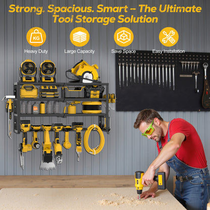 Riousery Heavy Duty Power Tool Organizer Wall Mount, 8 Drill Holder Rack with Hooks, 4-Tier Tool Storage Shelf with 350Lbs Load Capacity, Garage Tool Rack for Workshop Shed Pegboard Wall