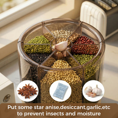 WEEUSE 360° Rotating Grain Dispenser, 22 lbs Large Capacity, 6 Compartments, One-Press Dispensing, Clear Rice & Cereal Storage for Kitchen Pantry