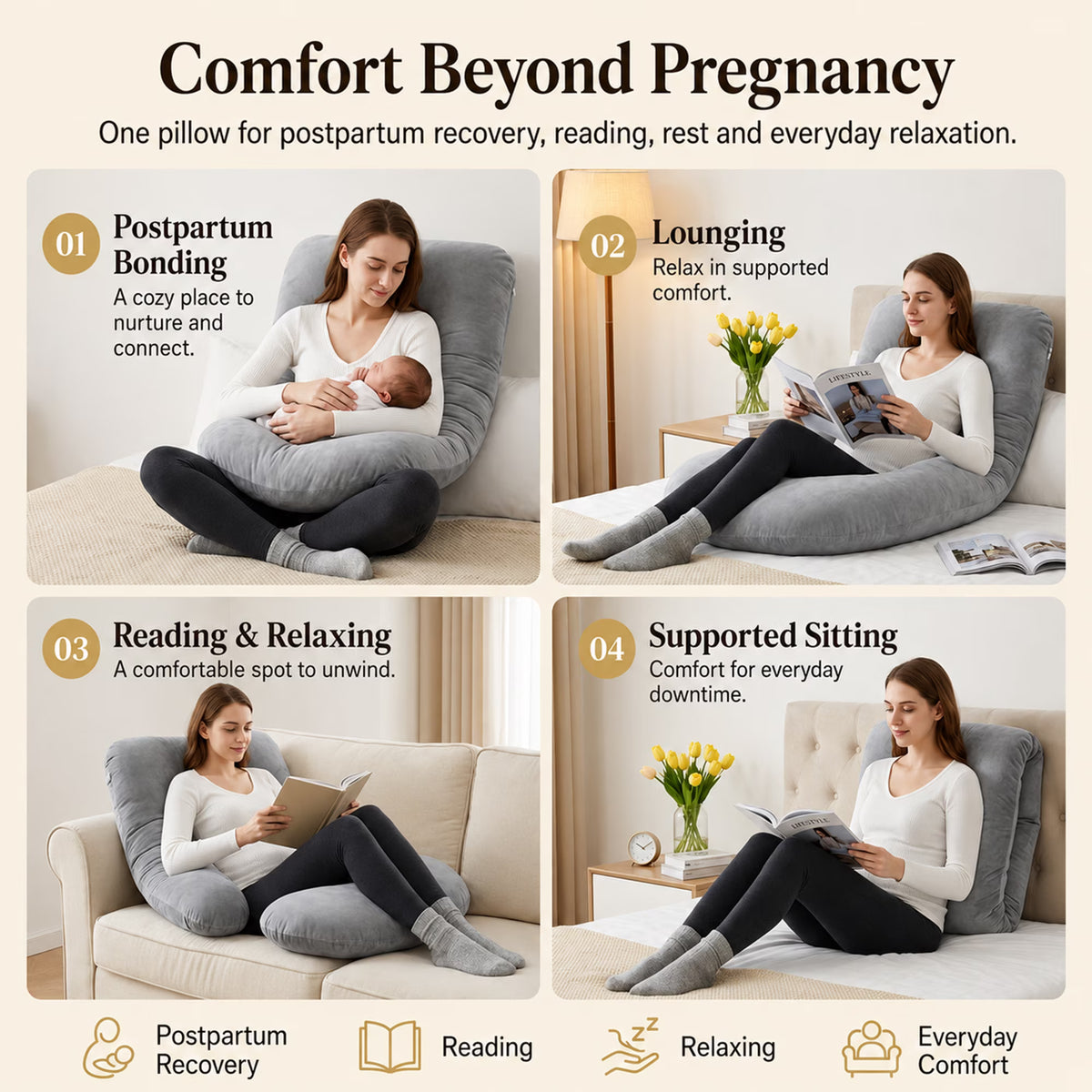 Pregnancy Pillow U Shaped Full Body Soft Maternity Pillow with Removable Velvet Cover, 70 Inch, Gray
