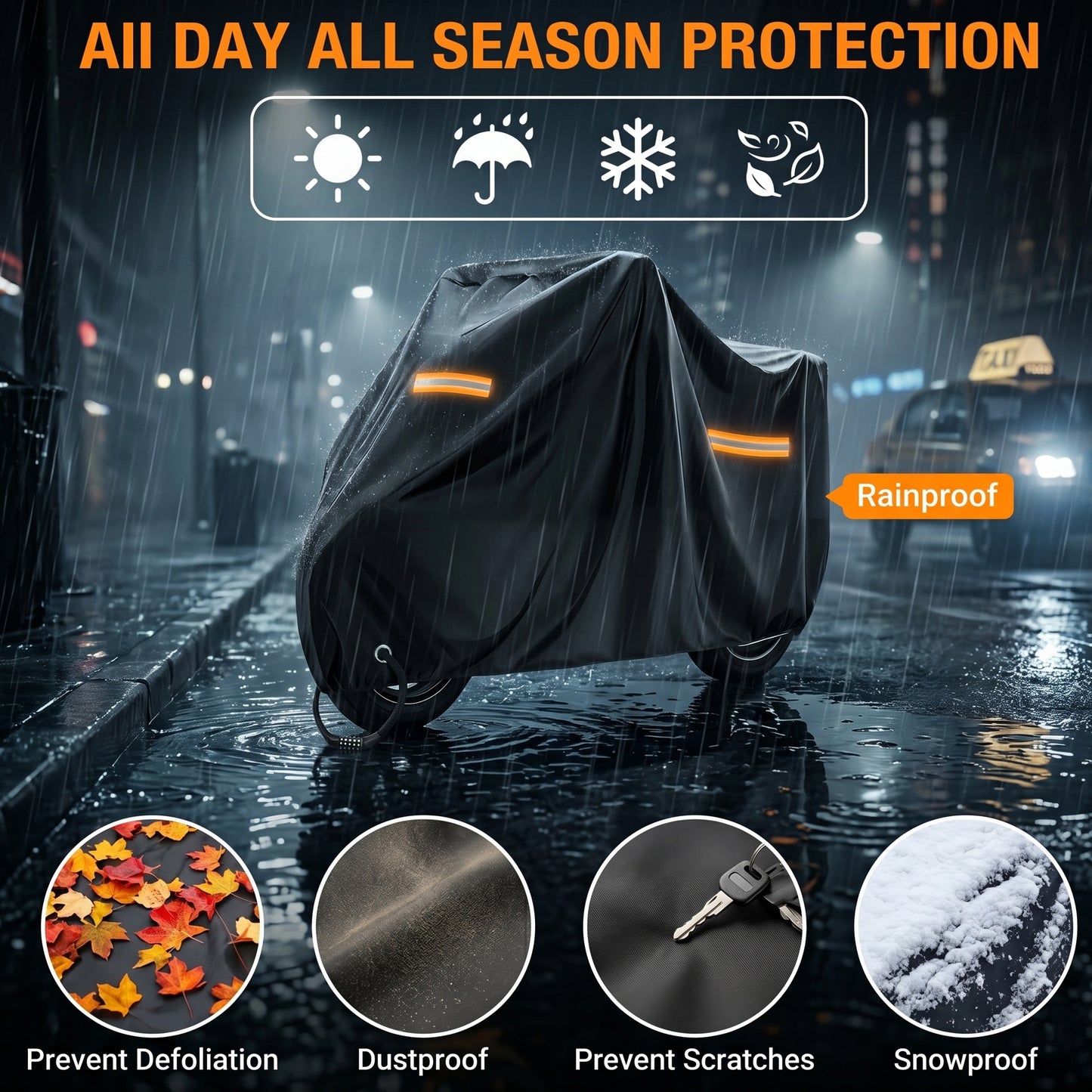 FLORAY Lightweight All-Season Motorcycle Cover, Waterproof Outdoor Protection with Reflective Strips and Windproof Buckles, 2XL, Black