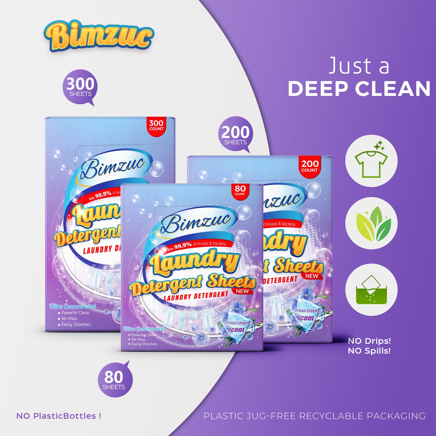 BIMZUC 300 Laundry Detergent Sheets up to 600 Loads, Fresh Linen Scent, Great for Travel