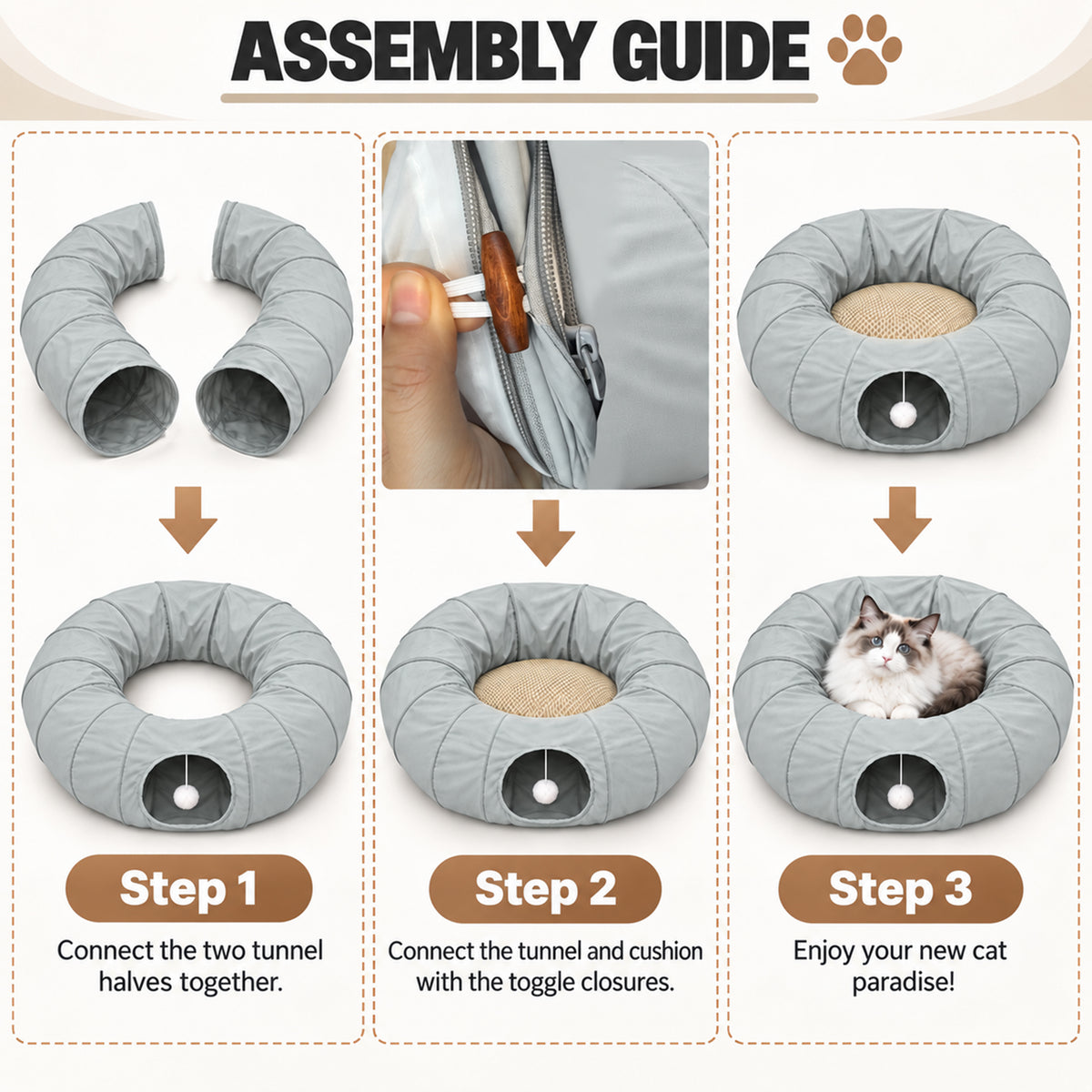 Tolobeve Foldable Cat Tunnel with Cushion Bed, Double-Layer Fabric Modular Tube Toy for Indoor Cats, Gray