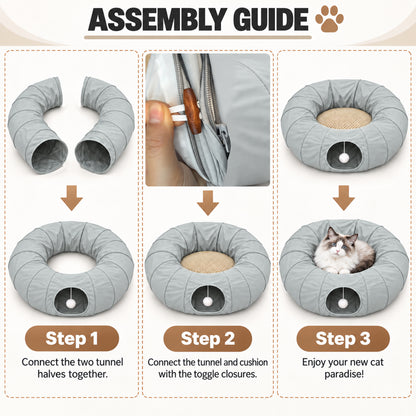 Tolobeve Foldable Cat Tunnel with Cushion Bed, Double-Layer Fabric Modular Tube Toy for Indoor Cats, Gray
