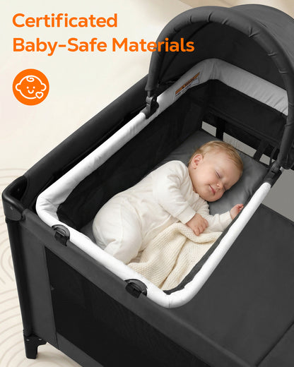 RUPOUN Baby Playards, Foldable Nursery Center Playpen and Toy Mobile, Portable Travel Bassinet, Locking Wheels, Gray