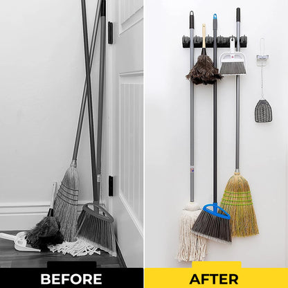BIMZUC Wall Mount Broom Holder, 5-Position Plastic Organizer with Hooks, for Home and Garden Cleaning Tools